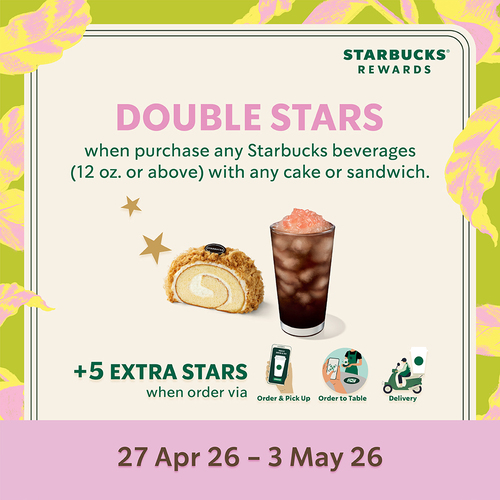 โปรโมชั่น สตาร์บัคส์ : ดาว 2 เท่า จับคู่เครื่องดื่ม+ขนม/แซนด์วิช 27 เม.ย.-3 พ.ค.