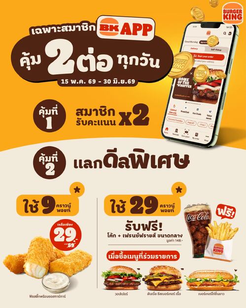 โปรโมชั่น เบอร์เกอร์คิง : คะแนนX2 และแลกดีลสุดพิเศษใน BK App