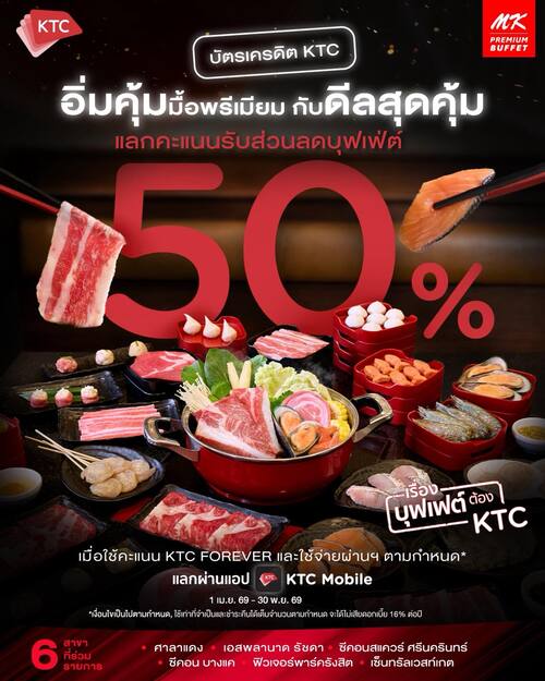 โปรโมชั่น เอ็มเคสุกี้ : ลูกค้าบัตรเครดิต KTC อิ่มคุ้มมื้อพรีเมียม กับดีลสุดคุ้ม โปรโมชันลด 50% ที่ MK Premium Buffet
