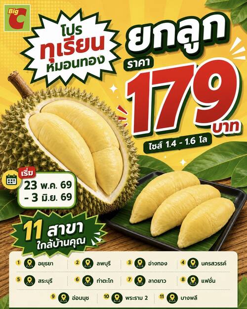 โปรโมชั่น บิ๊กซี : ทุเรียนหมอนทองยกลูกไซส์ใหญ่ 179.- (1.4-1.6kg)