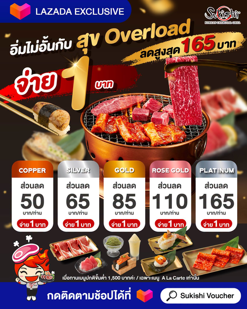 โปรโมชั่น ซูกิชิ บุฟเฟ่ต์ : จ่าย 1 บาท ลดสูงสุด 165 บาทที่ Lazada!