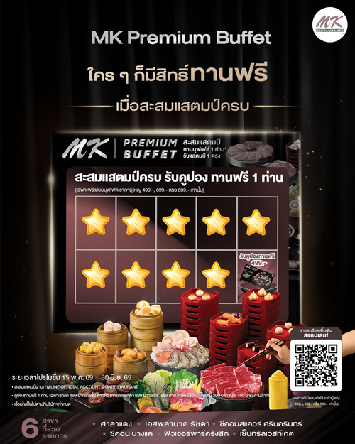 โปรโมชั่น เอ็มเคสุกี้ : สะสมครบ10 รับฟรี 1 มื้อ MK Premium Buffet