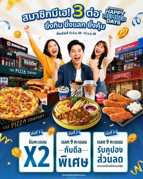 โปรโมชั่น ซิซซ์เล่อร์ : Happy Member Day 3 ต่อคุ้มทั่วเครือ! 9 คะแนนแลกส่วนลด 500 บาท
