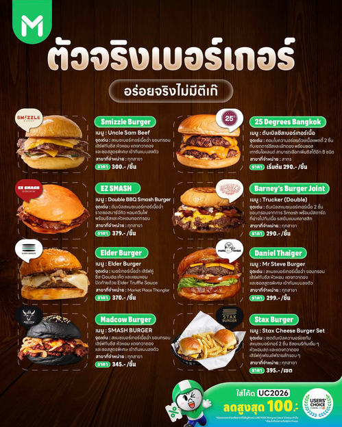 โปรโมชั่น ไลน์แมน : รวมร้านเบอร์เกอร์เด็ด Users’ Choice ลดสูงสุด 100 บาท ใส่โค้ด UC2026 เมื่อสั่งขั้นต่ำ 250 บาท