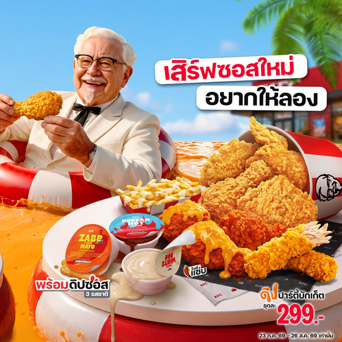 โปรโมชั่น เคเอฟซี : ใหม่! ตัวพ่อวงการไก่ลงสนาม ดิปปาร์ตี้บักเก็ต 299.- พร้อมดิปซอสใหม่ 3 รส โคเรียนฮอท แซ่บมาโย ไวท์บาร์บีคิว จ้วงมันส์ ถ้วยละ 29.-