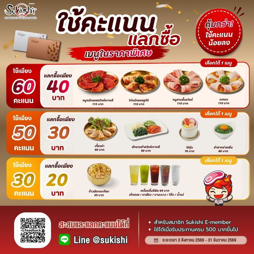โปรโมชั่น ซูกิชิ บุฟเฟ่ต์ : ใช้คะแนน Sukishi E-Member แลกเมนูโปรดราคาพิเศษ เริ่ม 20 บาท