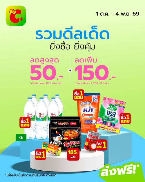 โปรโมชั่น บิ๊กซี : ดีลเด็ดติดบ้าน! ซื้อ 1 แถม 1 ซื้อ 2 แถม 1 ลดสูงสุด 50.- ที่ Big C PLUS