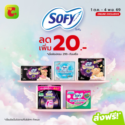 โปรโมชั่น บิ๊กซี : ตุนผ้าอนามัย Sofy ลดเพิ่ม 20.- เมื่อช้อปครบ 299.-